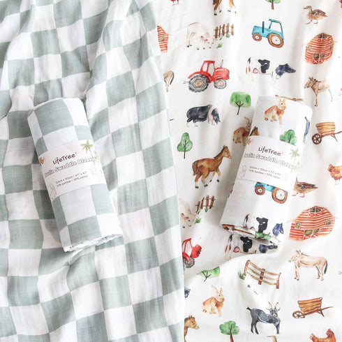 70% 30% 47 47 inches LifeTree Muslin Swaddle Blankets, Farm Animals Baby Swaddling Wrap Nursery Receiving Blanket