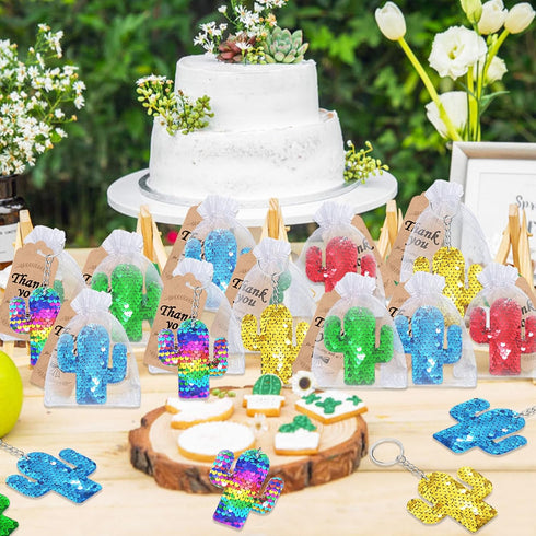 CiciBear 25 Pack Cactus Sequin Keychains in 5 Colors for Tropical Hawaiian Summer Themed Party Favors, Birthday Gifts