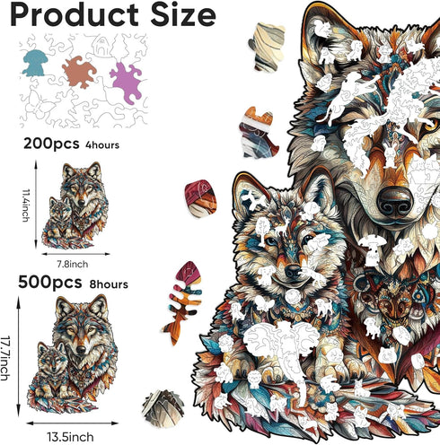 500 5MM (14.9"*18.5") Ruikiyart Wolf Piece Puzzles for Adults, Wolf Cub Wooden Jigsaw Puzzles, Animal Unique Shaped