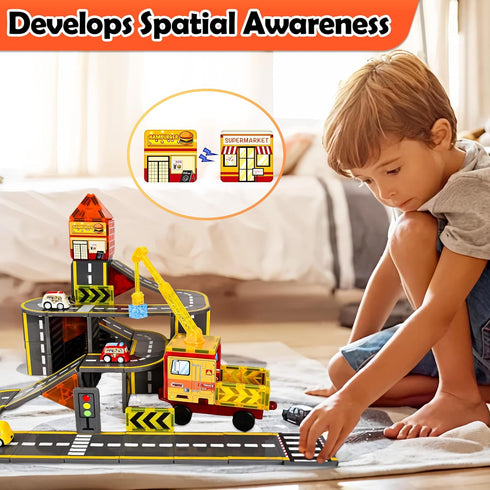 52pcs Magnetic Tiles Road Set - Fire Truck and Magnetic Crane, Creative Construction Toys for Ages 3-12