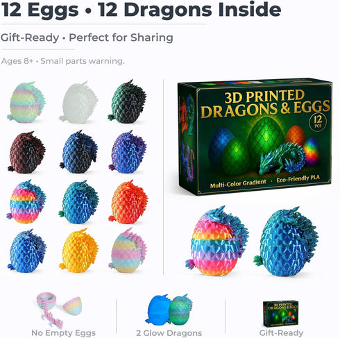 MiniMythos Toys 12 Pack 3D Set, Printed Dragon Eggs with Dragons Inside, Mini Articulated Crystal Dragon Figures