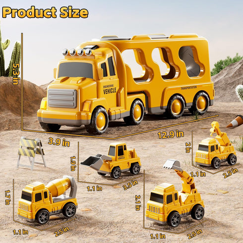 2 3 4 5 5-in-1 2-4 Pushdozer Construction Trucks Toys for Years Old Boys - Carrier Transport Vehicle Truck for Toddlers
