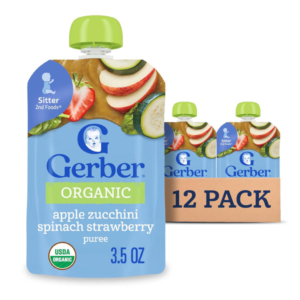 Gerber Stage 2 Baby Food, Organic Apple Zucchini Spinach Strawberry Puree Pouch,