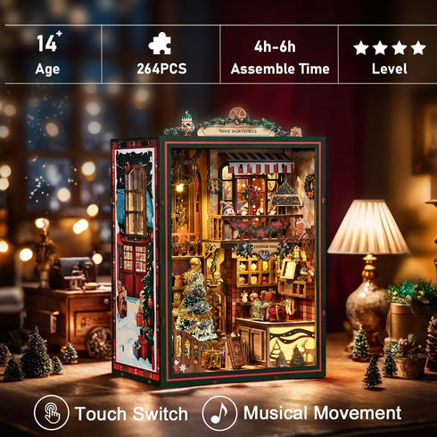 NEXTIPS 3D Book Nook LED Music Christmas Book Nook Kit - Wooden DIY Miniature Store for Shelf Decor