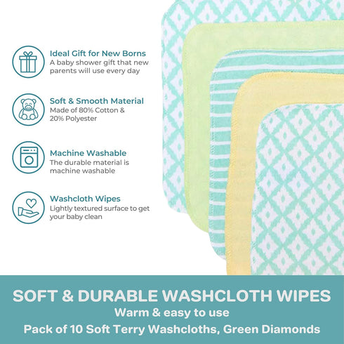Spasilk Soft Terry Washcloth Wipes Set for Newborn Boys and Girls, Pack of 10 (Green Diamonds)