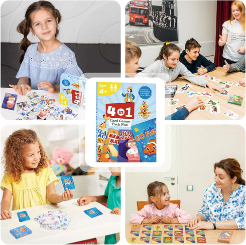 Classic Card Games for Kids - Go Fish, Old Maid, Slap Jack, Memory Match - 4 Decks in 1 Pack for Ages 4+