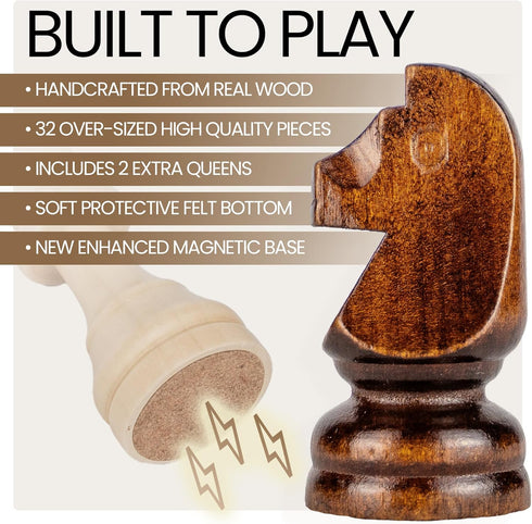 15" Set 2 Magnetic Wooden Chess - Folding Portable Travel Chess Board - Hand Carved Pieces - Foam Storage Slots - Extra