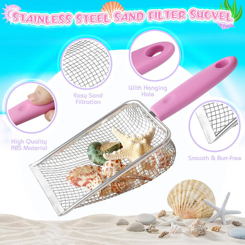 FHOZGECY Beach Toys, Sand Toys with Collapsible Bucket, Sand Sifter, Beach Mesh Shovel, Shark Tooth Sifter and Mesh Bag