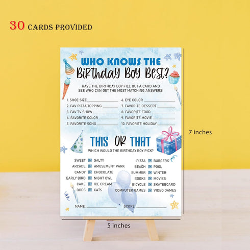 Who Knows The Birthday Boy Best Game, Set of 30 Blue Birthday Party Cards, Birthday Questionnaire Party Ideas