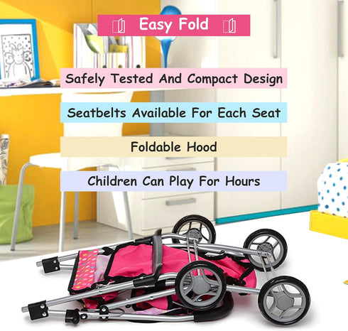 Twin Baby Doll Stroller - Toy Stroller with Storage Basket for Baby Doll Accessories, Polka Dot Design, Folds Easily