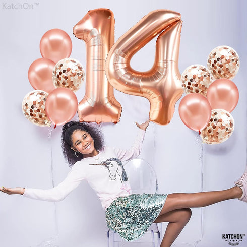 KatchOn Rose Gold 14 Balloon Numbers Set - Giant 40 Inch Foil Number Balloon for 14th Birthday Party