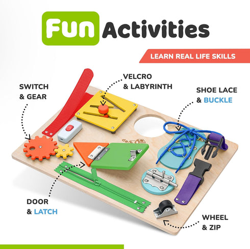 deMoca Busy Board for Toddlers, Montessori Wooden Activity Sensory Board, 10 Activities for Learning Fine Motor Skills