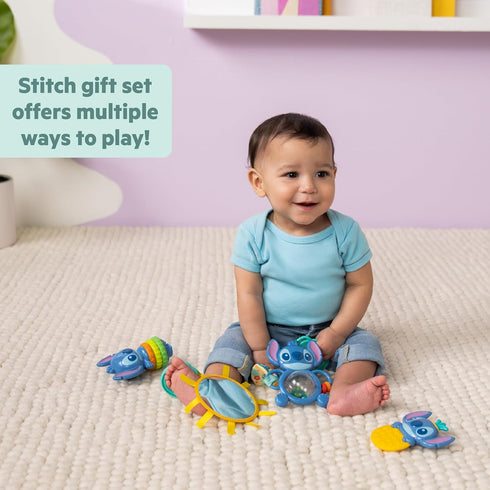 Set 4 Bright Starts Disney Baby Stitch Tropical Treasures Gift with Stitch Inspired Toys Including Baby-Safe Mirror