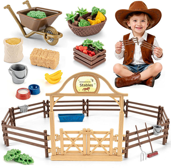 36PCS Farm Toys for Kids, Realistic Horse Stable Playset with Fence &