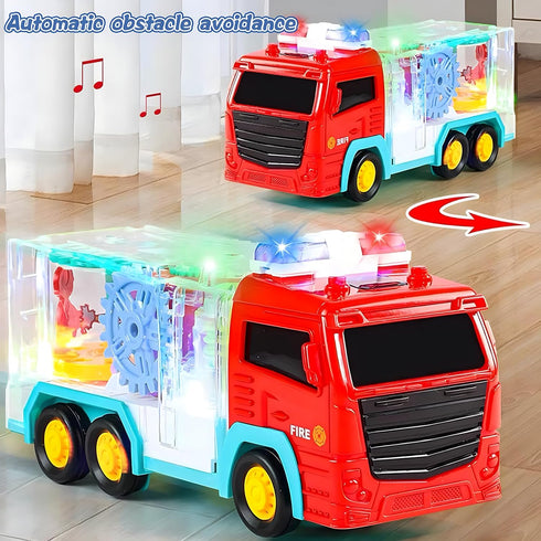 Light Up Sensory Car Toy for Kids, Transparent Gear Fire Truck with Colorful Moving Gears, Music and Lights