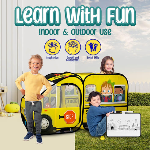 Kiddzery School Bus Pop Up Kids Play Tent, Indoor & Outdoor Playhouse with Sound Play Button for Toddlers