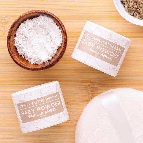 Pack 2 0.5 oz Baby Powder Talc-Free, Real Vanilla Amber Natural Scent, Cornstarch Free Arrowroot and Clay Based Powder