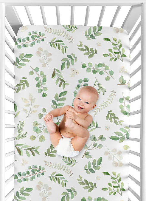 Sweet Jojo Designs Floral Leaf Girl Fitted Crib Sheet, Baby or Toddler Bed Nursery, Green and White Boho Watercolor