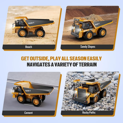 RC Dump Truck Toy, 9-Channel Remote Control Vehicle with Metal Bed & Light, Rechargeable for Kids Ages 3-12+