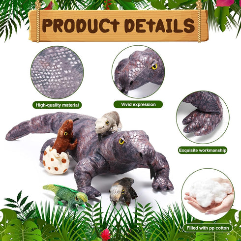 Lenwen 5 Pieces Komodo Dragon Plush Toy Set with 26 Inch Giant Lizard and 4 Plush Baby Lizards for Kids Birthday Gift