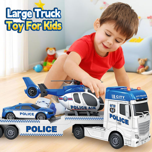 3 4 5 6 7 8 25" Kids Toys for Years Old Boys, Police Truck Toy with Racing Car and Helicopter, Toddler Friction Powered