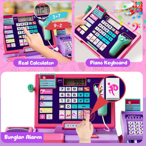 Upgraded Kids Cash Register Toy for Boys Girls, Toddler Pretend Play Cashier Register with Shop Accessories, Calculator