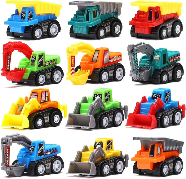 12-Piece Mini Truck Toy Kit - Pull Back Construction Vehicles for Kids, Great Party Favors and Birthday Gifts
