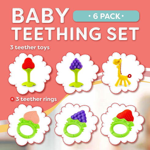 Baby Teething Toys 6-Pack, Food Grade Silicone Teether Set, Freezer Safe, BPA-Free for Babies 0-6 Months