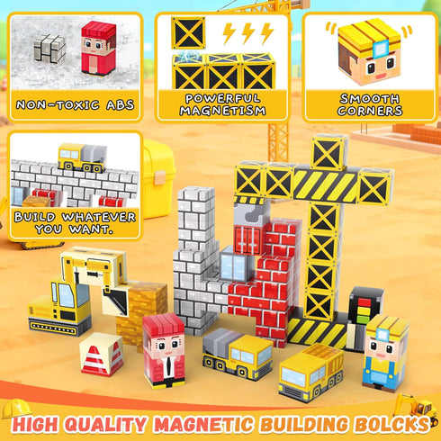 CREAFOMIFE 54 3+, Pcs Mini Magnetic Blocks Travel Toys with Portable Iron Storage Box for Kids Construction Themed