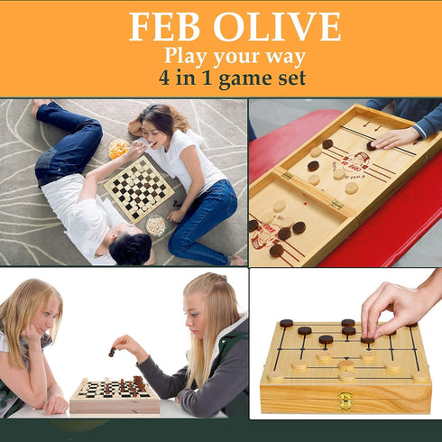 4 in 1 Board Game Set - Extra Large Sling Puck Game, Wooden Chess Board Sets, Checkers for Adults and Kids