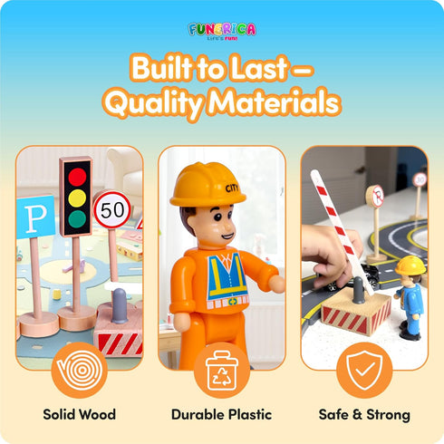 Community Set 310 Wooden Traffic Signs & Helper Figures Toy Includes Police, City & Construction Workers, Road Signs