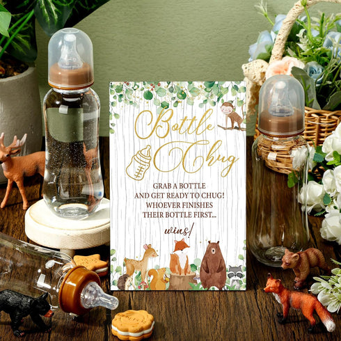 Sets 12 TrelaCo Woodland Animal Cool Baby Shower Games Bottle Chug Sign Wooden Woodland Gift Gender Reveal Party Favors