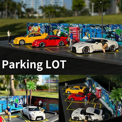 Hotwheels Display Case 1/64, Scenic Diorama Car Park with LED Lights, Model Display Case for 5 Parking Spaces