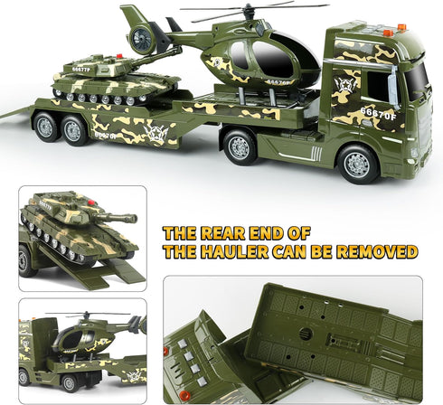Toys,25.6" 2 3 4 5 Dwi Dowellin Green Military Big Truck Semi Truck Toy with Helicopters and Tank,Army Toys with Lights