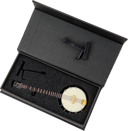 Dselvgvu (5.51"x1.97"x0.71") Wooden Miniature Banjo with Stand and Case Mini Musical Instrument Banjo Replica