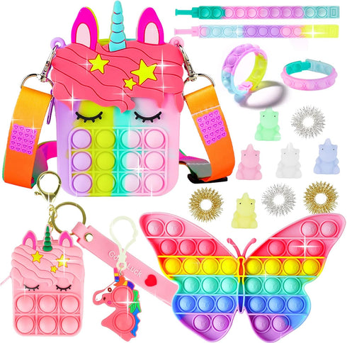 Pop Purse Pack Toy, Unicorn Rainbow Shoulder Crossbody Mini Keychain, Birthday Gifts for Kids Girls