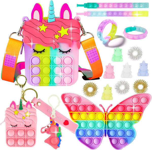 Pop Purse Pack Toy, Unicorn Rainbow Shoulder Crossbody Mini Keychain, Birthday Gifts for Kids Girls