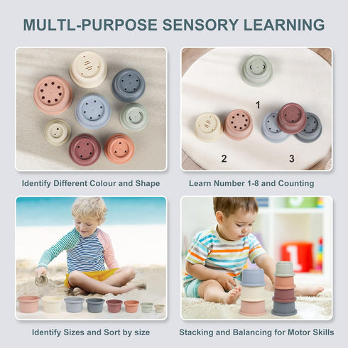 Baby Stacking Cups Bath Toy for Toddlers 1-3, 8 PCS Stackable Nesting Cups for 6-12 Months, Montessori Gift
