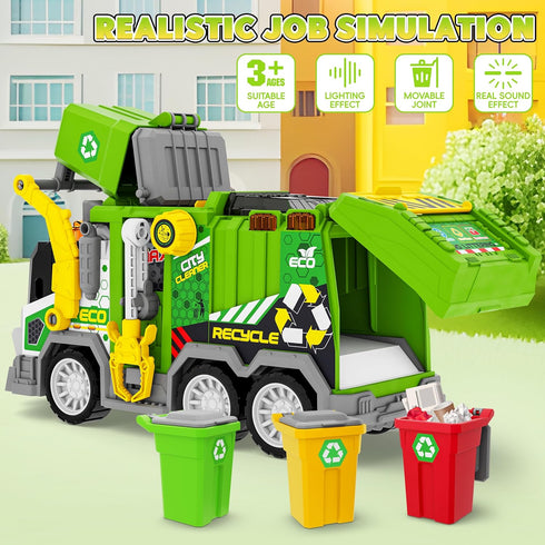 Set 2pcs 3 4 5 6 7 8 Large Friction Powered Garbage Truck Toy with Effect Sound, Ejecting Race Cars, Includes Dumpster