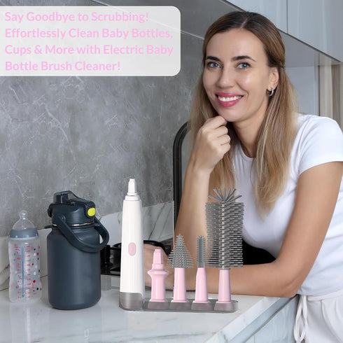 Set Electric Baby Bottle Brush Cleaner with Extended Handle & Drying Holder, Baby Bottle Brush with Silicone