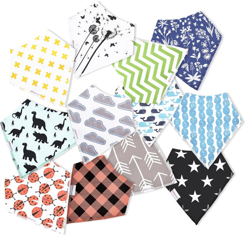 12 Pack Baby Bandana Bibs - Organic Drool Bibs for Boys and Girls, Soft and Stylish for Teething and Drooling