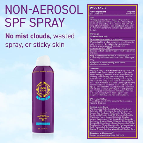 50 6 oz BOB KIDS SPF Sun Spray, Mineral Sunscreen, Non Aerosol Continuous Spray, Water Resistant, Reef Friendly
