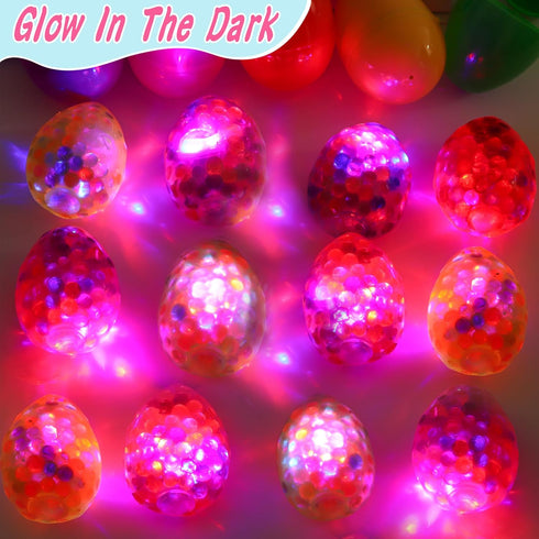 FLYSNK 18 Pack Plastic Easter Eggs Filled with Light Up Fidget Stress Balls, Glow in The Dark Egg Shape Squeeze Balls