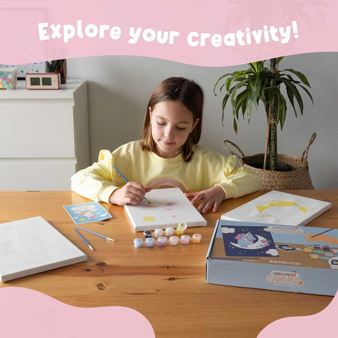 Pack 3 4-6 8-12. BONNYCO Paint by Numbers Kit for Kids Unicorns Canvas. Paint by Number, Canvas Framed Pre Drawn.