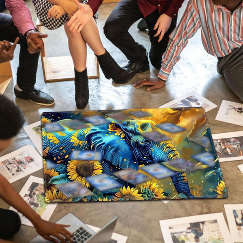 Elephant in Sunflower Field Premium Stitched Playmat for MTG & TCG, Colorful Thick Cloth Fabric, Rubber Bottom for