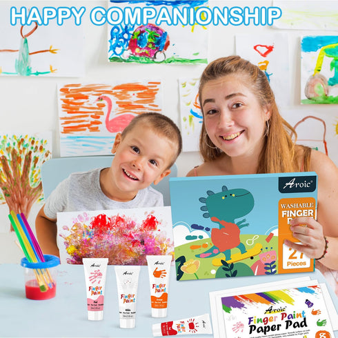 27PCS Kids Washable Finger Paint Set, Non-Toxic Finger Paints 8 Colors, Brushes, Sponges, Art Painting Supplies for