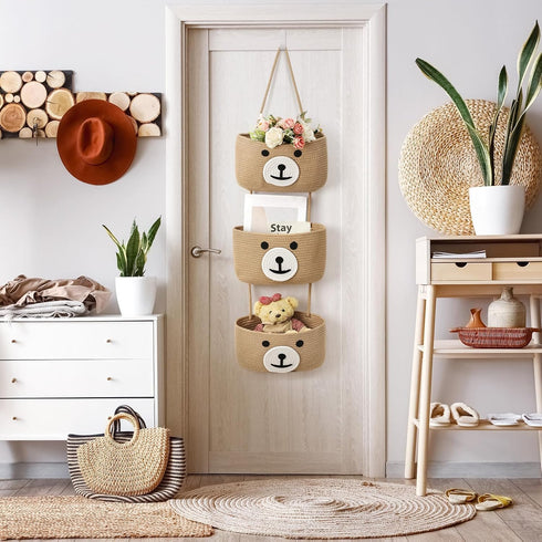 Yiyiring 3-Tier Closet Cute Bear Hanging Baskets, Woven Cotton Wall Mounted Storage Organizer, Decorative Storage