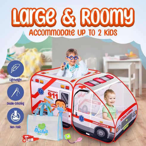 Ambulance Pop-up Play Tent for Kids with Sounds, Doctor Kit & Ball Pit, Easy Setup Indoor & Outdoor Emergency Vehicle