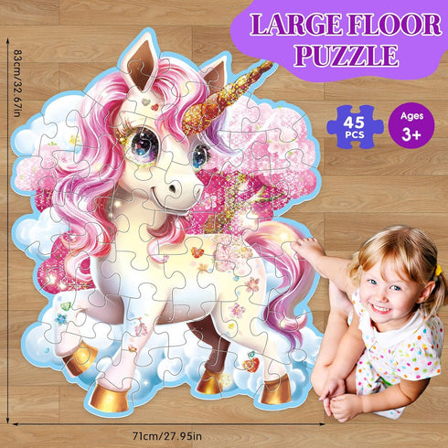 45pcs Shimmery Unicorn Shaped Jumbo Jigsaw Floor Puzzles for Kids Ages 3-5, Birthday Gift (28'' x 33'')