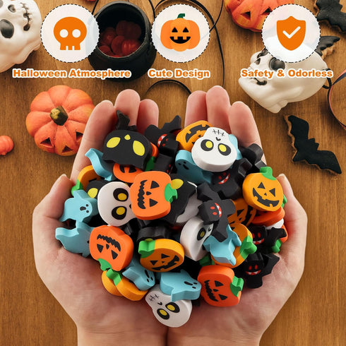 Halloween Erasers for Kids Bulk, 50 Pcs Large Pumpkin, Ghost, Skull, and Bat Erasers for Halloween Party Decoration